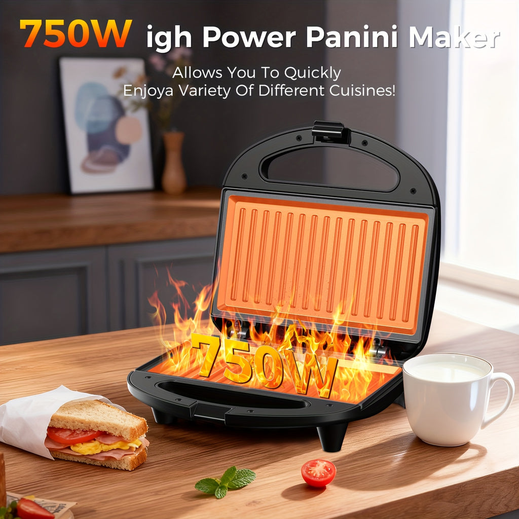 750W Sandwich Maker with Indicator Lights and Cool-Touch Handle, ABS07 Grill-Plate or Waffle-Plate Model Options for Grilled Cheese and Home Breakfast Preparation