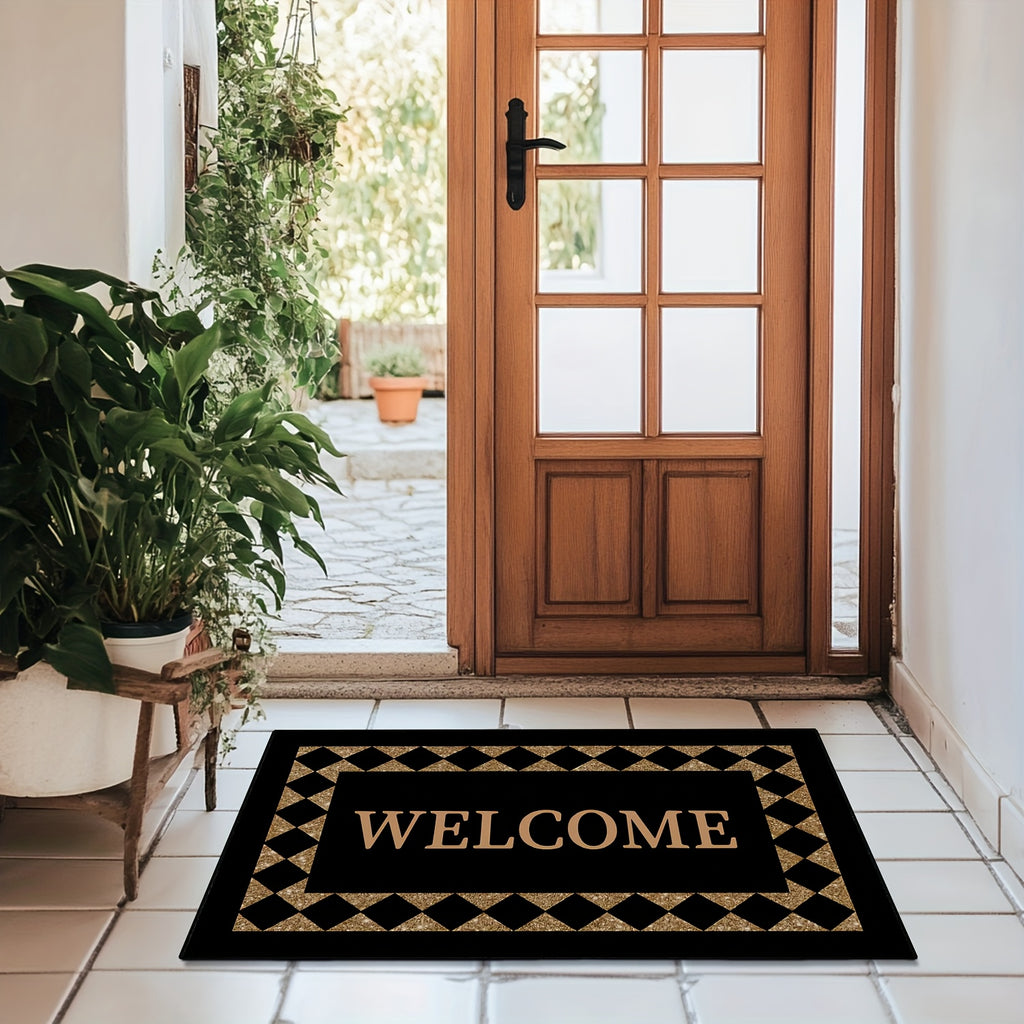 Black Welcome Doormat, Indoor Entrance Floor Mat in 16 x 24 or 20 x 32 Inch Size Options for Home Entryways, Hallway Decor and Housewarming Gift Ideas