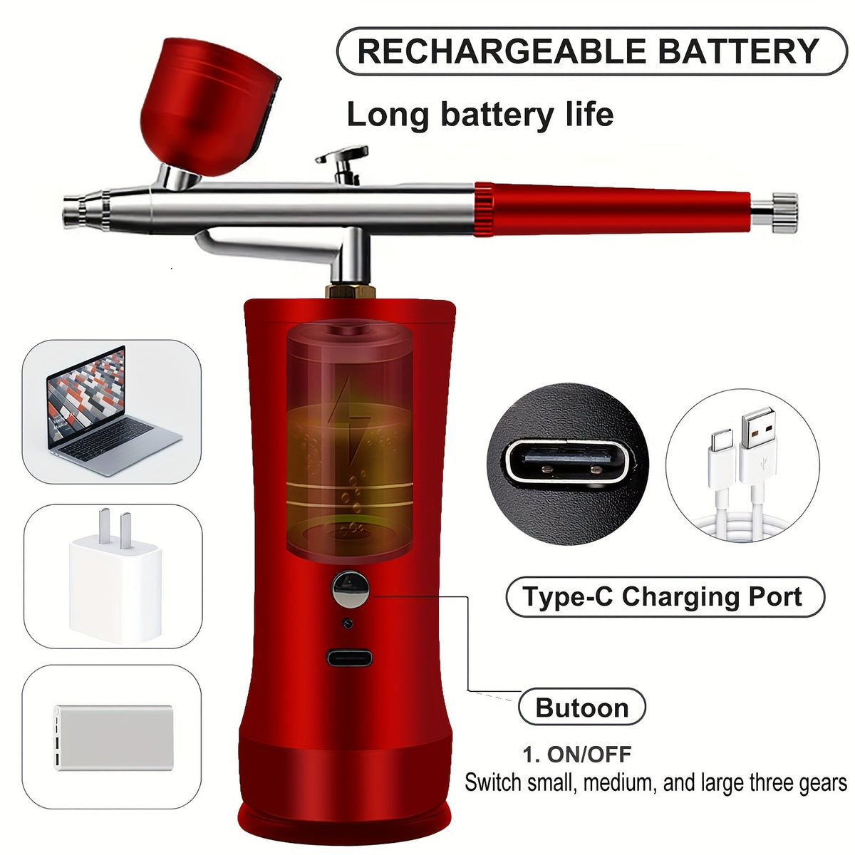 Cordless Airbrush Kit with Compressor, Rechargeable 0.3mm Nozzle with 3 Pressure Settings, Three Paint Cups & Cleaning Brushes for Art and Nail Designs