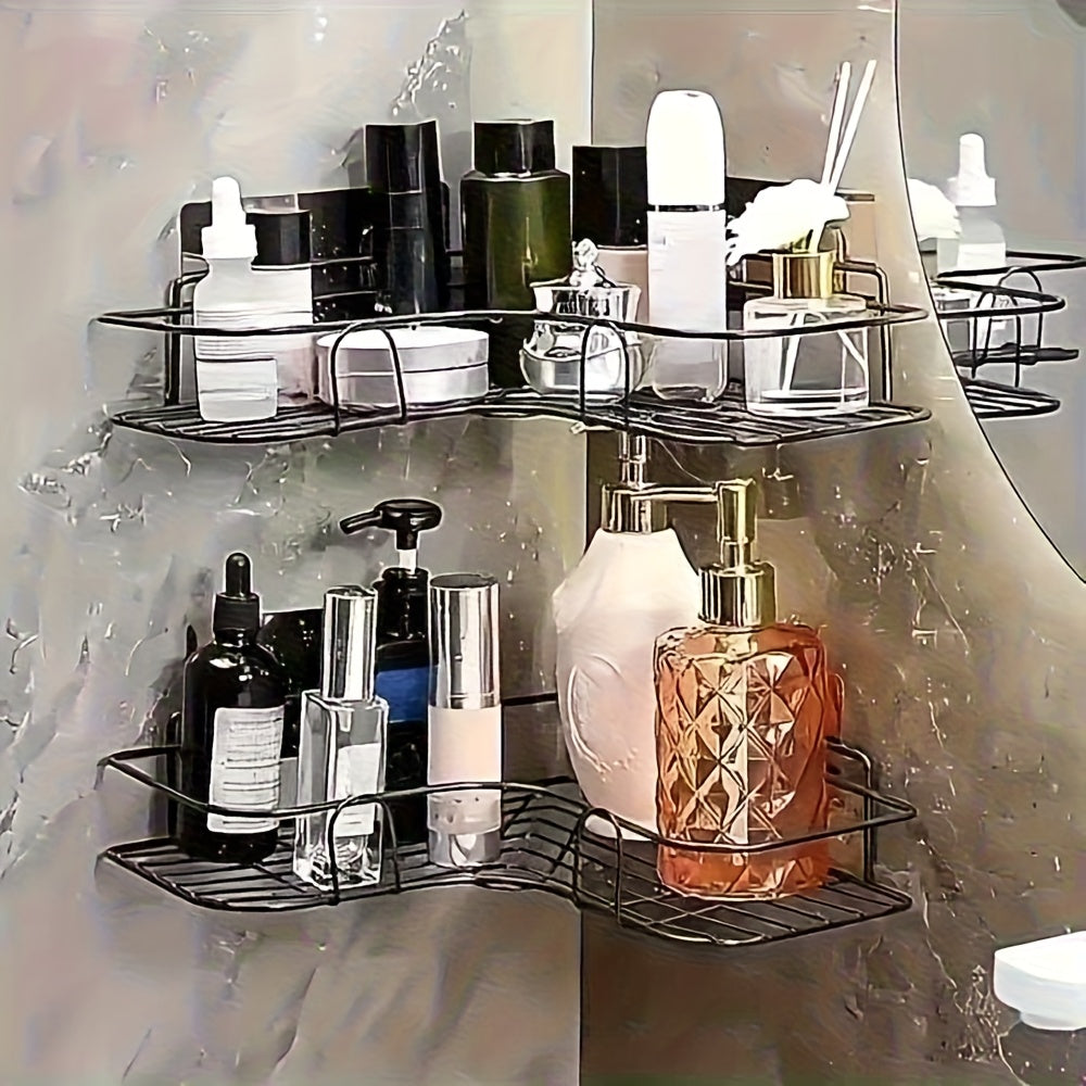 Stainless Steel Corner Shower Shelf in Black, Wall-Mounted Multi-Compartment Organizer for Compatible Shampoo, Conditioner and Cosmetic Bottles in Bathrooms