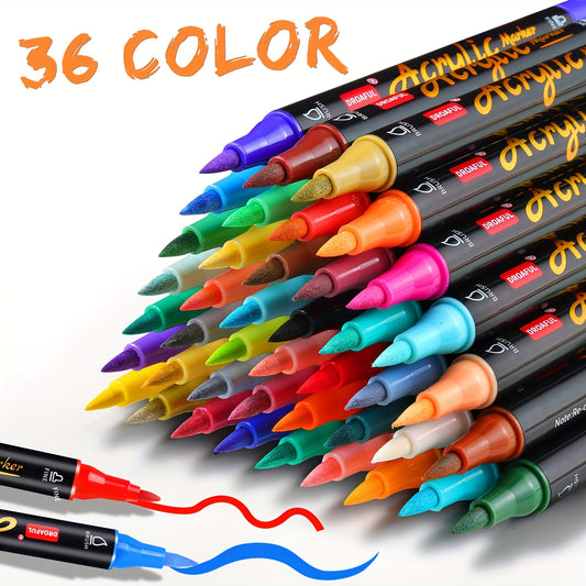 Flexible Dual-Brush Acrylic Paint Markers with Water-Based Ink and Listed 1–5mm Strokes, 36, 72 or 108-Color Options for Rock, Wood, Canvas and Decorative Crafts