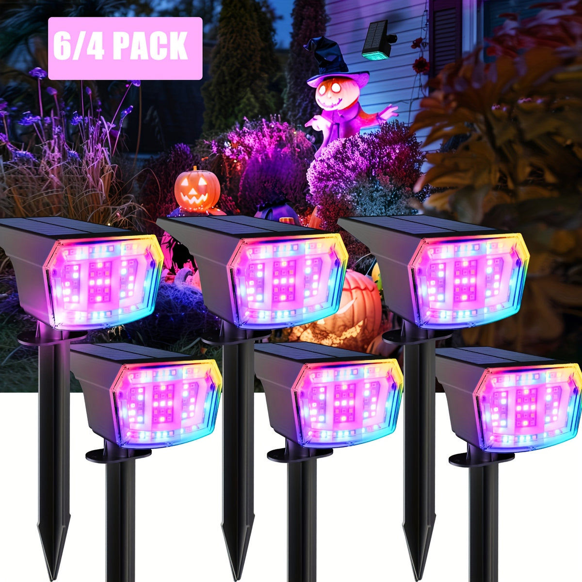 RGB Solar Garden Spotlights with Listed Nine Lighting Modes, Multicolor Outdoor Landscape Accent Lights in Two, Four or Six Pack Options for Holiday Decor