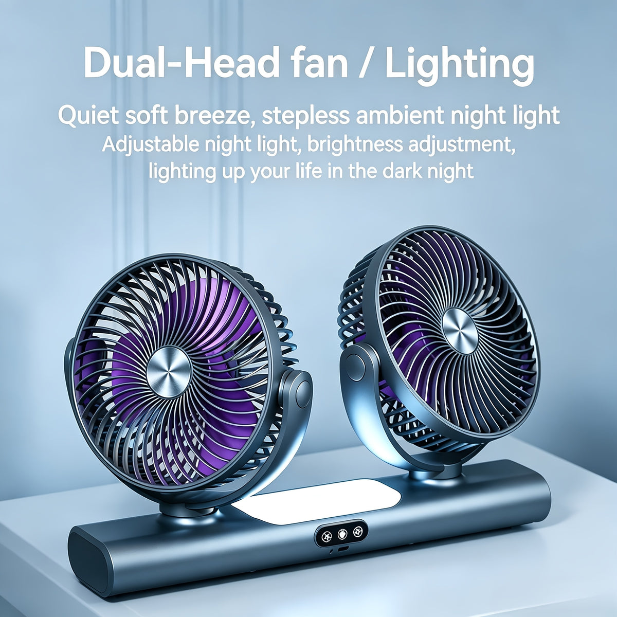 USB Fan with Night Light, 3-Speed Portable Ceiling and Wall Fan with Multi-Angle Airflow for Bedroom, Office Desk, Dorm and Camping