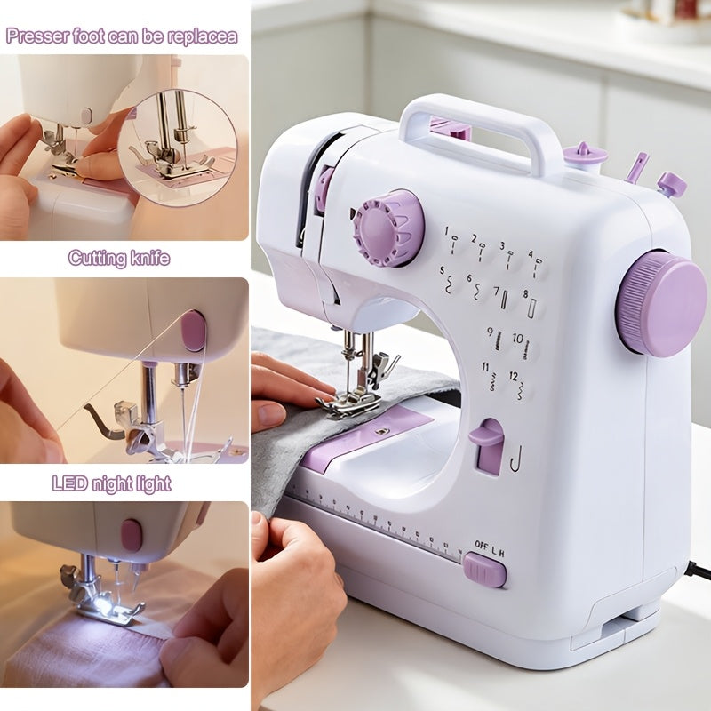 Sewing Machine with Adjustable Speed and 12 Stitch Patterns, White Purple Portable Electric Design for Beginner Practice, Home Fabric Repairs and DIY Crafts