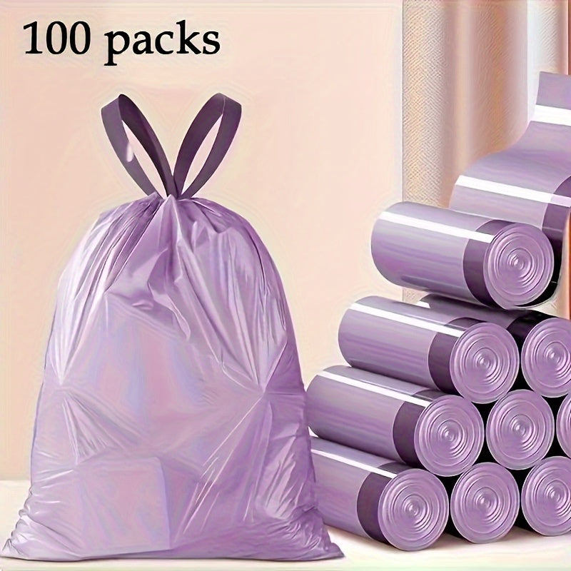 Purple Drawstring Trash Bags, 100-Count Plastic Household Bin Liners with Listed 17.72 x 17.72 Inch Size for Kitchen, Bathroom, Bedroom and Living Room