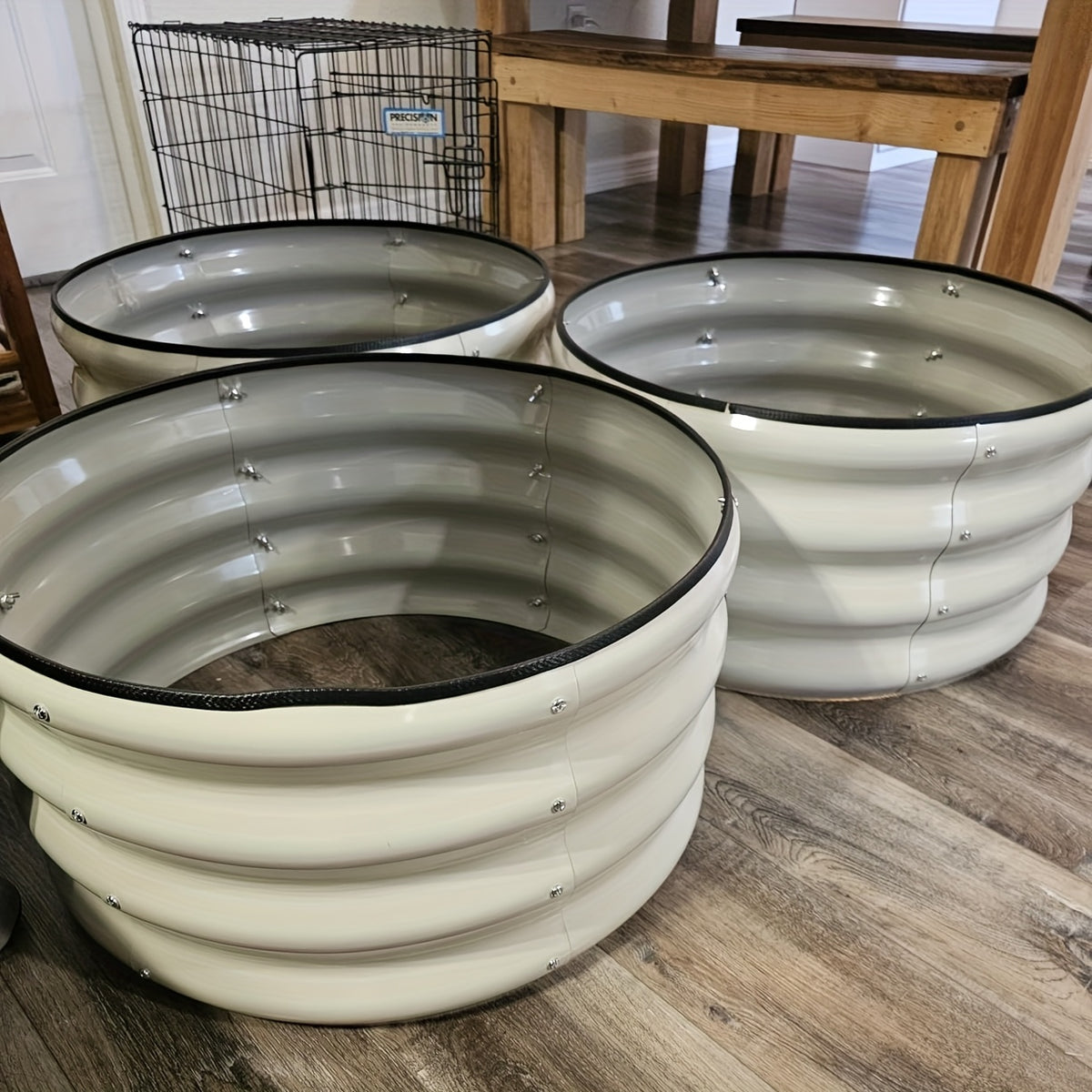 Compact Steel Raised Garden Bed Set with Three Open-Bottom Planters, Rubber Top-Rim Strips and Approximate 2x2x1ft Size in Green, Orange or Blue