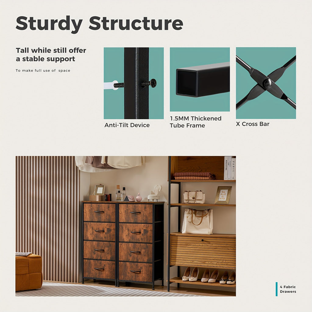 Narrow Fabric Storage Tower with Wooden Top, Two-Drawer Styles and Four-Drawer White Option for Bedroom, Closet, Laundry Room and Entryway Organization