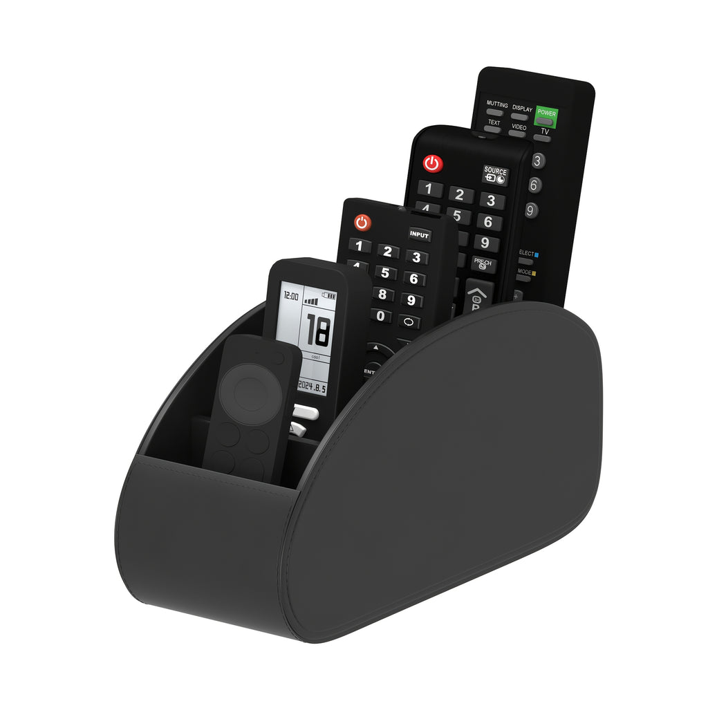 Desktop Remote Caddy with Five Compartments, Single PU-Labeled Organizer with Cardboard Frame for Compatible TV Remotes, Pens and Glasses on Bedside Tables