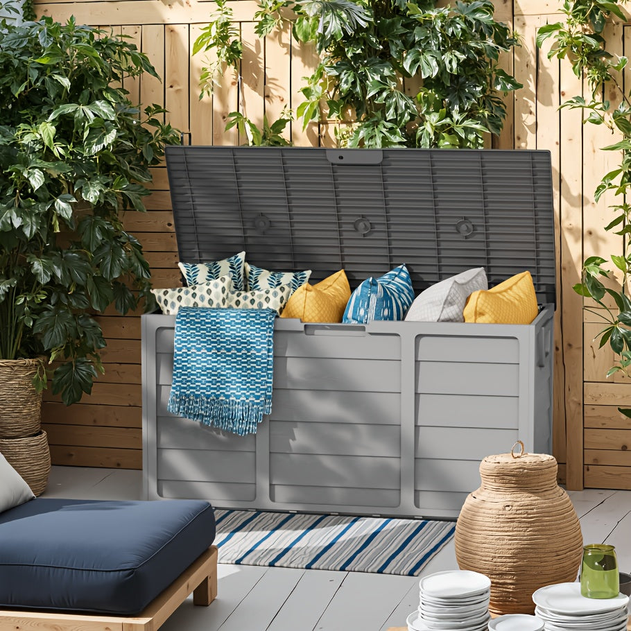 Resin Deck Box with 75-Gallon Capacity and Handles, Gray or Pure Black Outdoor Storage Container for Compatible Patio, Garden and Poolside Essentials