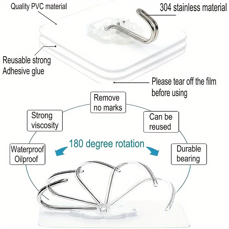 Transparent Adhesive Hooks for Kitchen and Bathroom Organization, 30-Piece Plastic Wall Hook Set with No-Drill Mounting on Compatible Surfaces