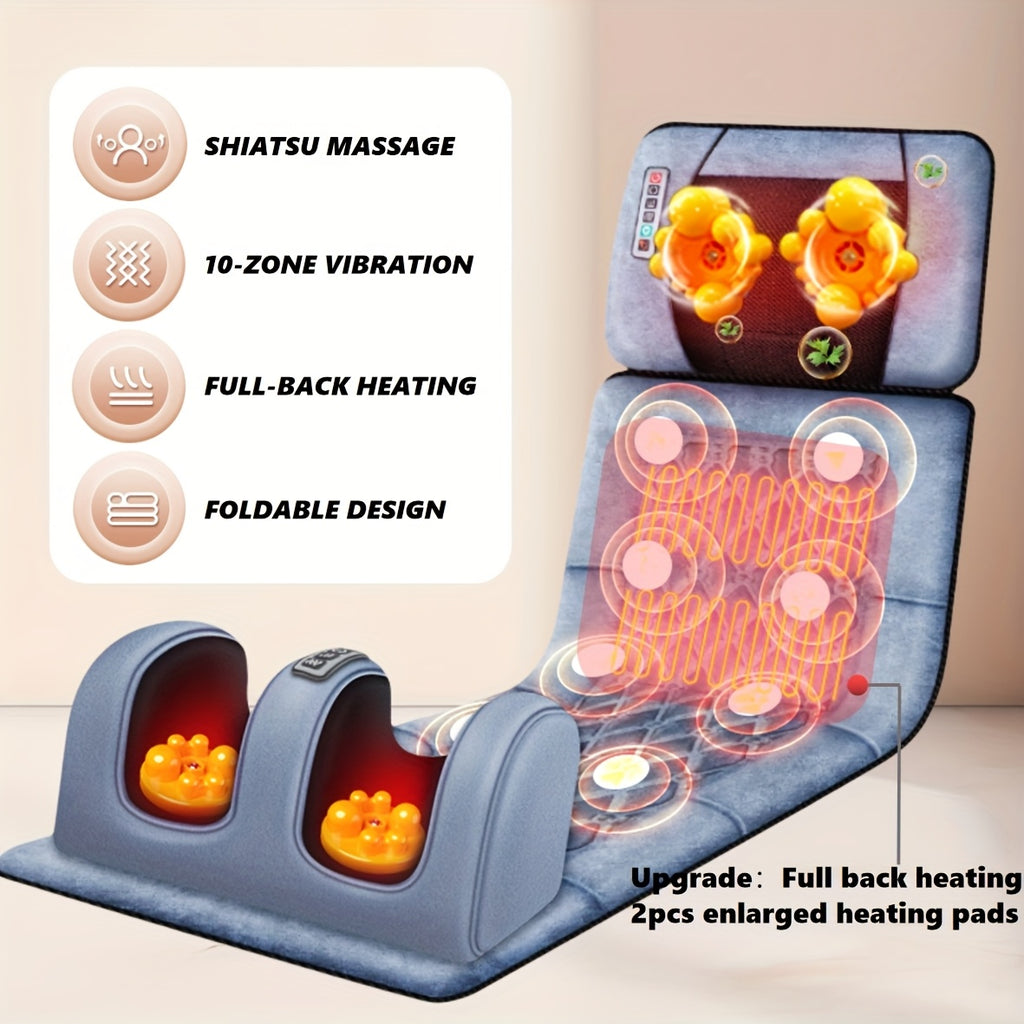 Full Body Massage Mat with Heat, 10-Zone Wave Vibration Pad and Kneading Pillow, Optional Foot and Calf Massager for Home Relaxation