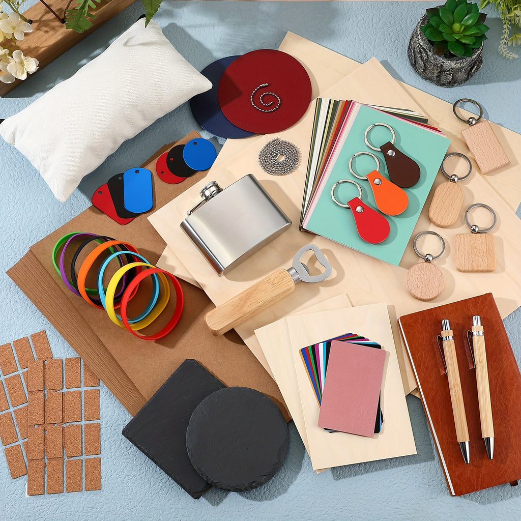 Laser Engraving Materials Kit with Listed 127 Pieces, Wood, Metal, Fabric, Glass, Rock and Rubber Categories for Compatible Craft Project Planning