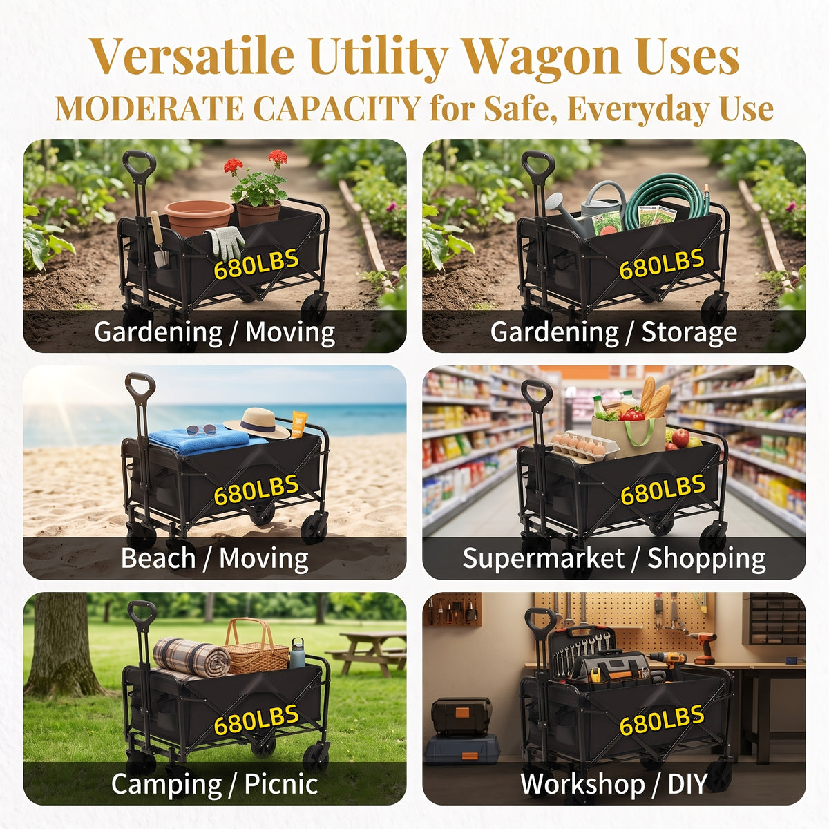 Foldable Utility Cart with Detachable 600D Oxford Fabric and Four Wheels, Alloy Steel Frame Wagon Models for Camping Supplies, Garden Gear and Grocery Transport