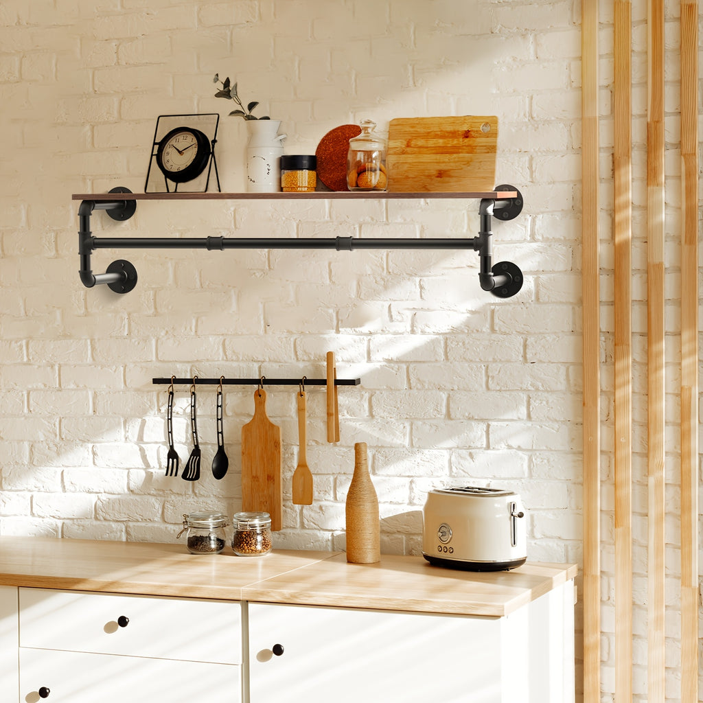 Industrial Pipe Clothes Rack by AESOME, 39.3-Inch Wall-Mounted Hanging Rod with Wood Top Shelf and Three Hooks in Black and Dark Brown for Closet Storage