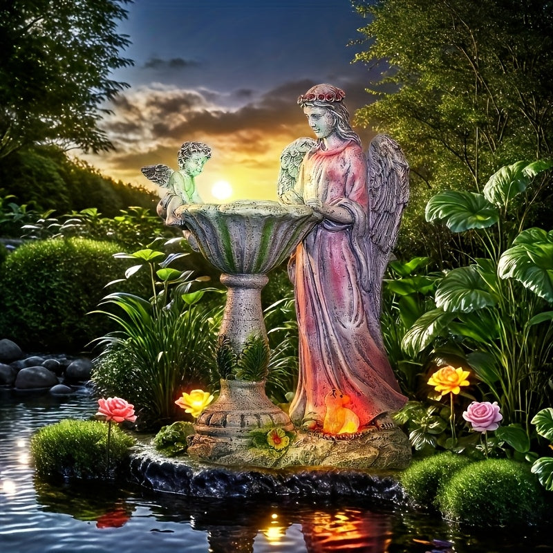 Solar Angel Figurine, Rustic Garden Statue with LED Illumination and Solar Panel for Lawn, Patio and Courtyard Displays or Thoughtful Housewarming Gifts