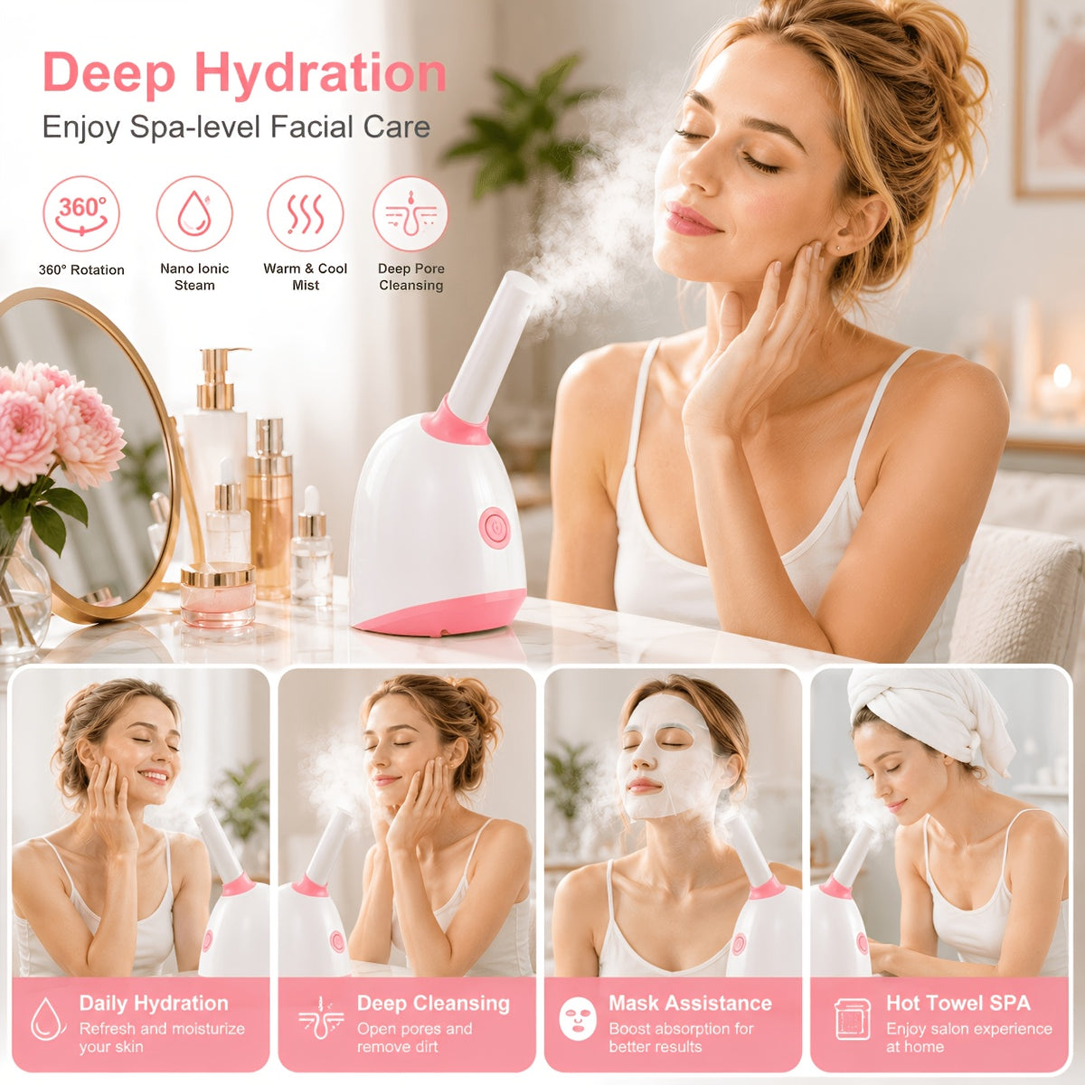 At-Home Facial Steamer Options for Personal Skin Care, Portable, Upgraded and Flagship Models with Listed Rotatable Arm and Accessory References