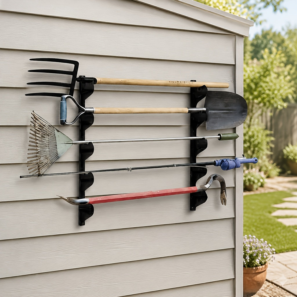 Wall Mount Tool Rack 2-Pack in Black, Space-Saving Garden and Garage Tool Organizer for Shed Storage, Home Workshops and Utility Areas