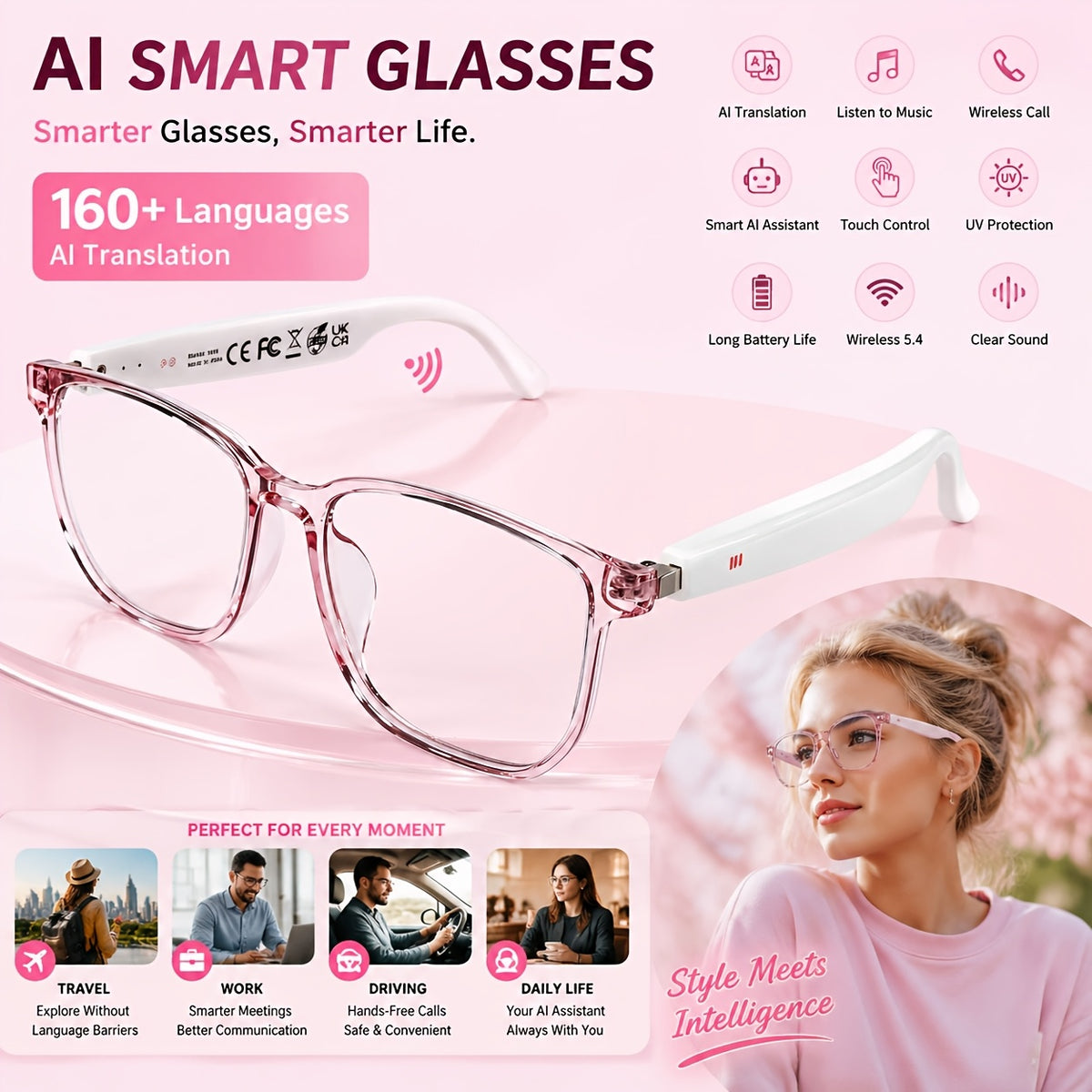 Voice and Video Translation Smart Glasses, Listed 160+ Language AI Audio Eyewear with Built-In Microphones and Speakers for Calls, Travel and Work