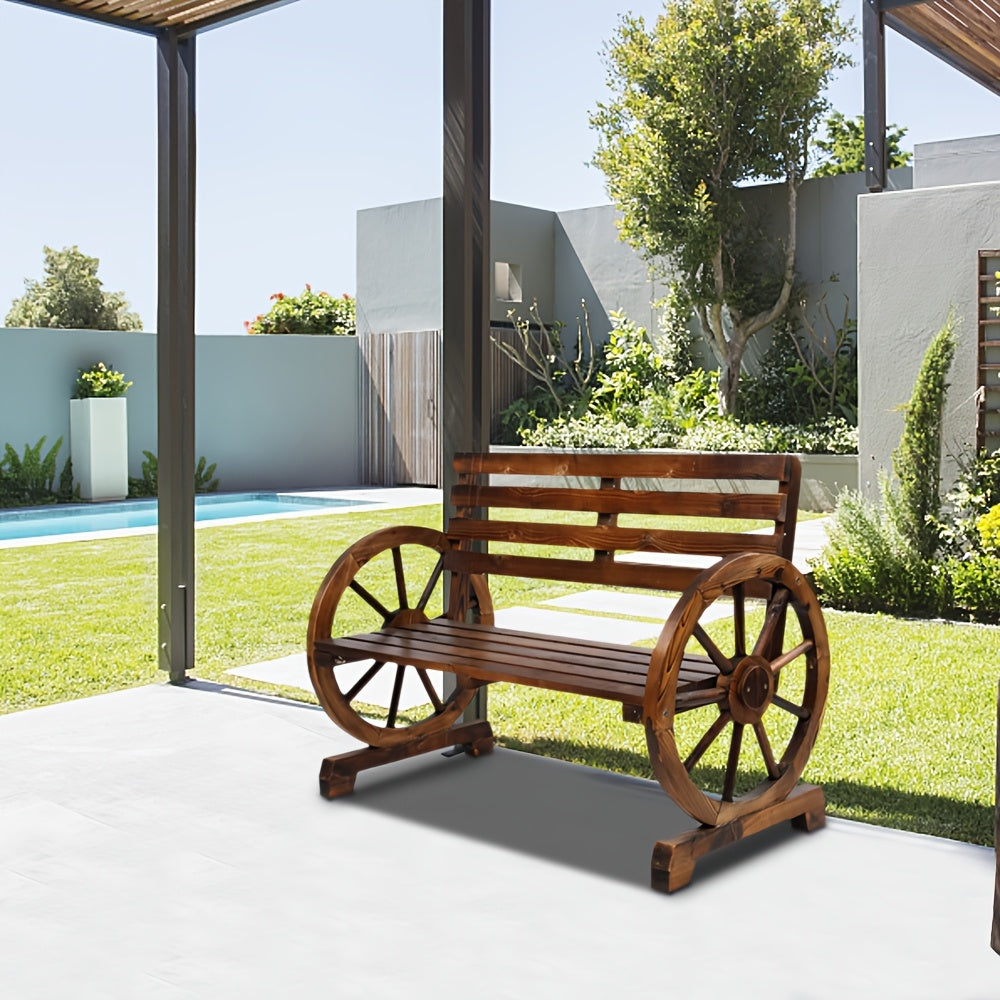 Outdoor Wooden Bench with Wagon Wheel Armrests, Slatted Seat and Backrest, Two-Person Poplar Wood Garden Seating in Light Carbonized Color, White or Black