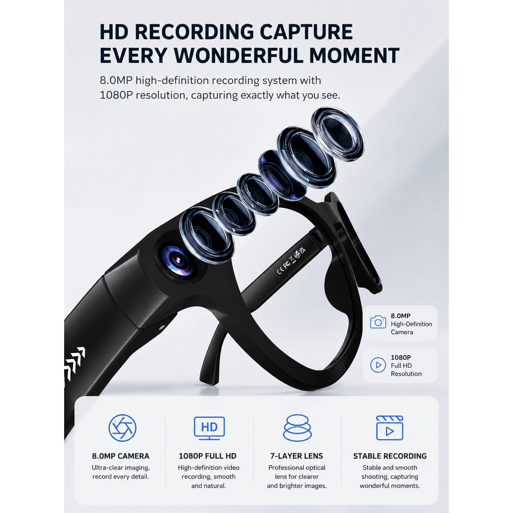 8MP-Labeled AI Camera Smart Glasses in Black with Video and Audio Recording, Bluetooth Calls and Music, Touch Controls and Listed Translation Features