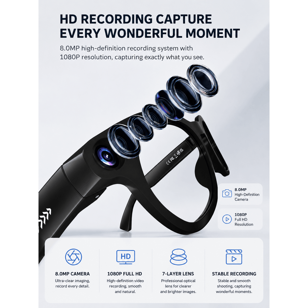 8MP-Labeled AI Camera Smart Glasses in Black with Video and Audio Recording, Bluetooth Calls and Music, Touch Controls and Listed Translation Features