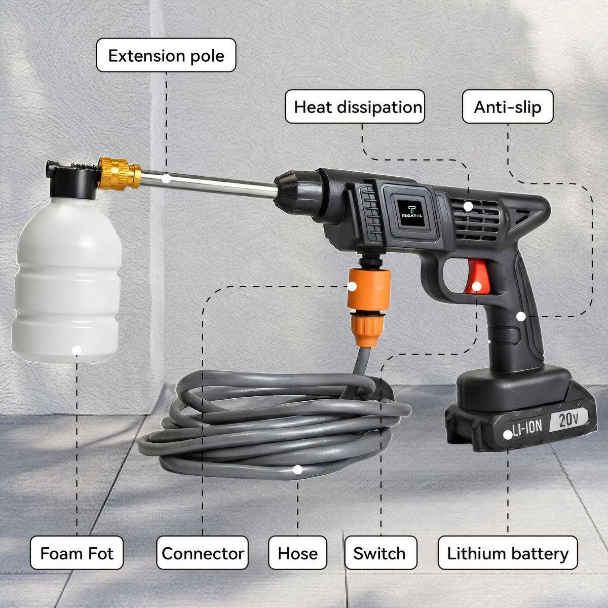 Rechargeable Cleaning Water Gun with Listed 20V Power, One or Two Battery and Upgrade Options, Handheld Spray Tool for Compatible Car Cleaning and Garden Tasks