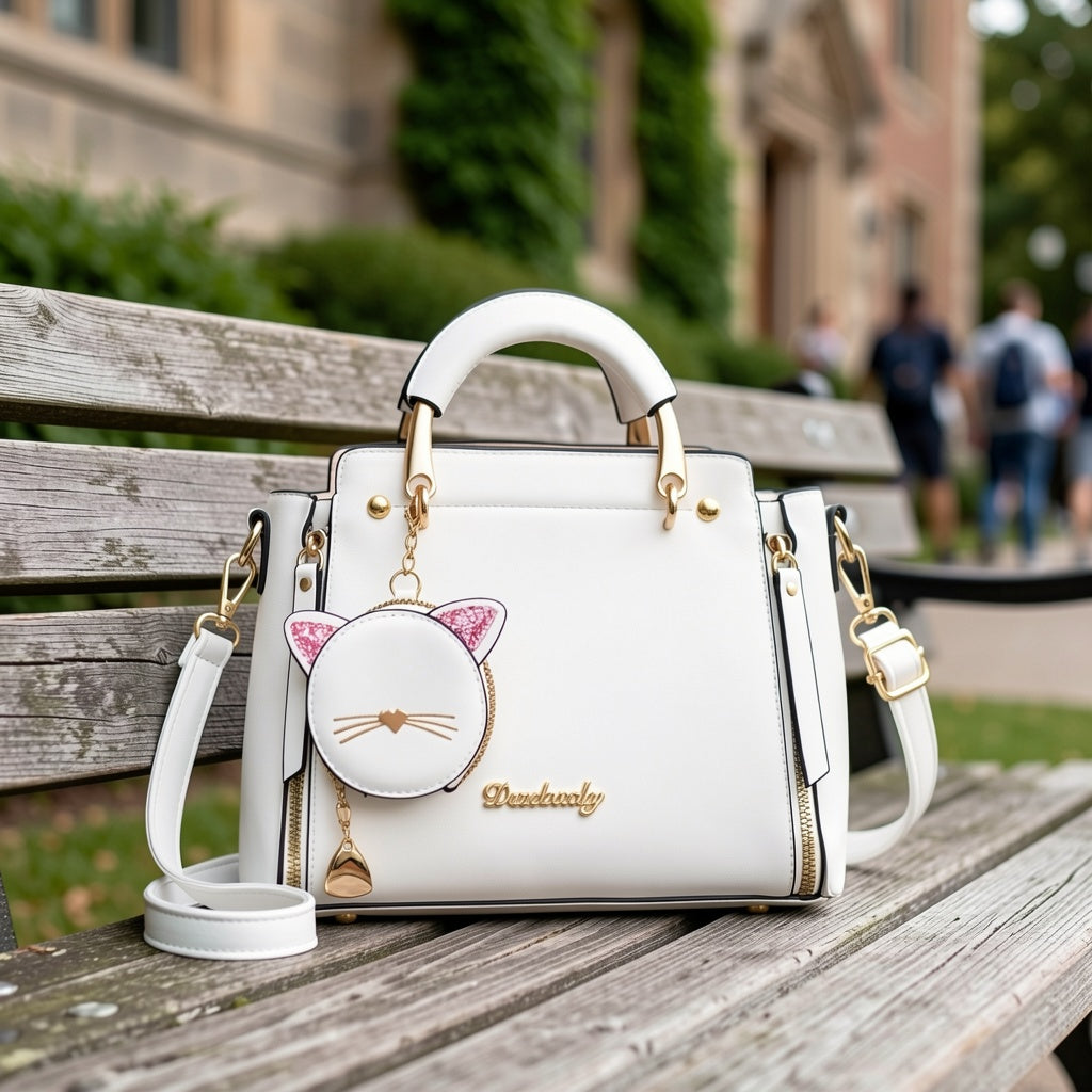 Mini Satchel Handbag with Kitten Pendant for Women, Top Handle Small Purse in Black, White, Pink, Purple, Khaki or Green for Coffee Dates and Casual Outings