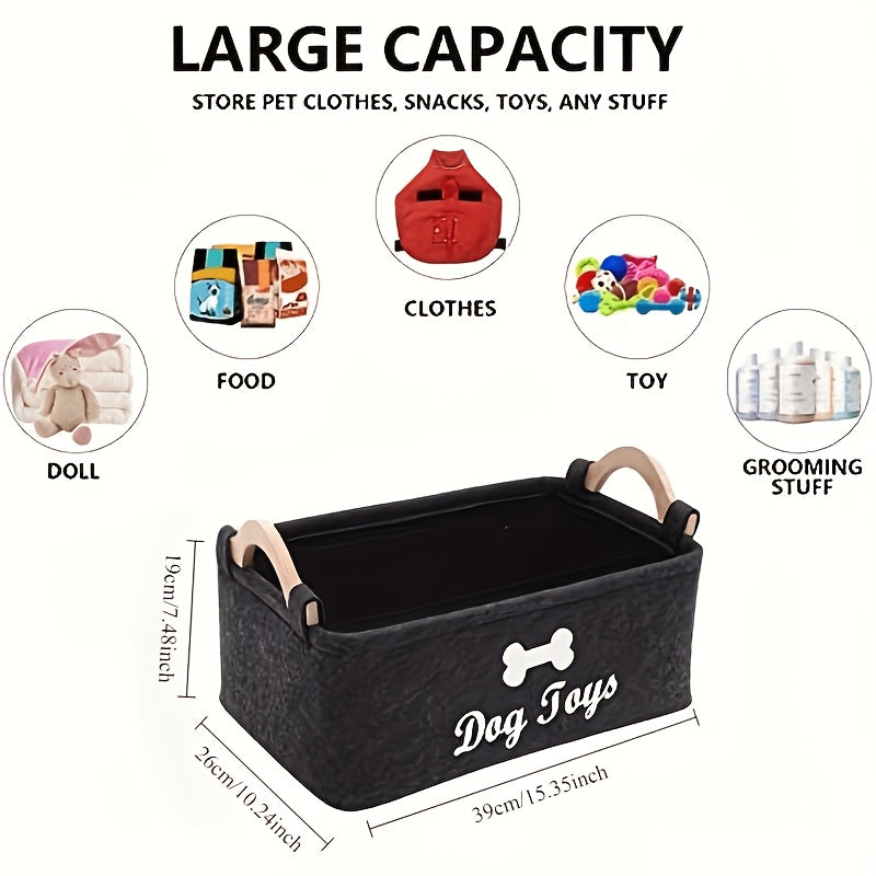 Pet Storage Basket in Black Polyester Felt, Dog and Cat Toy Organizer for Dry Pet Accessories, Laundry and Everyday Living Room Organization