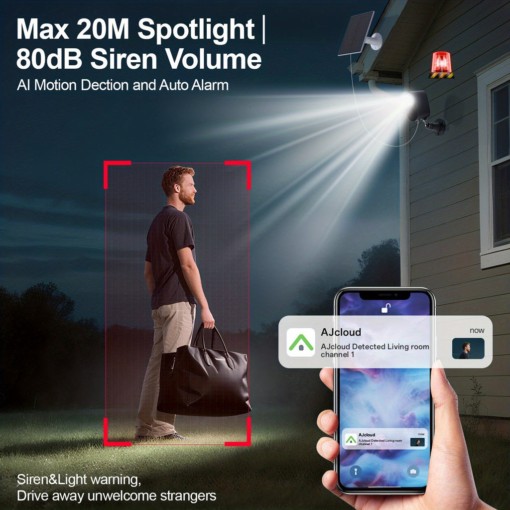 Solar WiFi Surveillance Camera with Listed 2K Imaging, Two-Way Voice and Color Night Vision, White or Black in One- or Two-Piece Home Monitoring Options