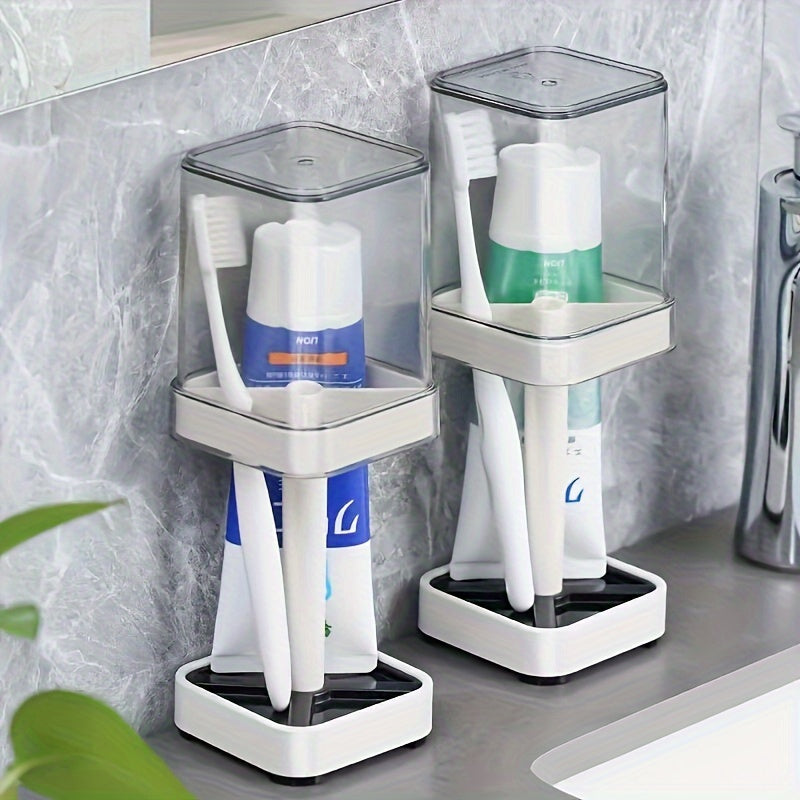 Wall-Mounted Toothbrush Holder in White with Listed Mouthwash Cup, Bathroom Wall Organizer for Daily Oral Care Storage in Shared Homes and Dorm Spaces