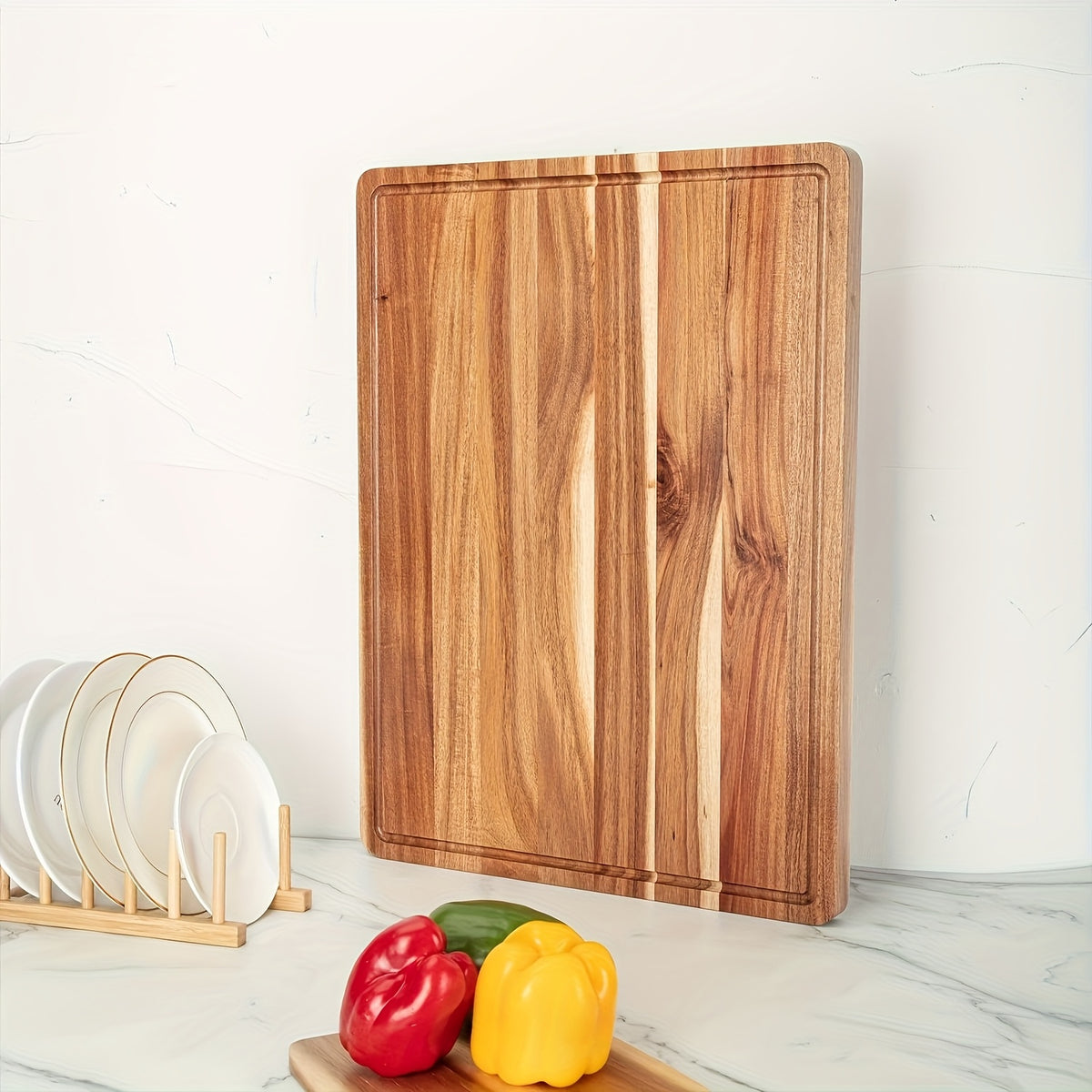 Large Wooden and Bamboo Cutting Board with Listed Juice Trough, Ordinary and Upgrade Size Options for Kitchen Food Preparation, Cheese Serving and Everyday Chopping