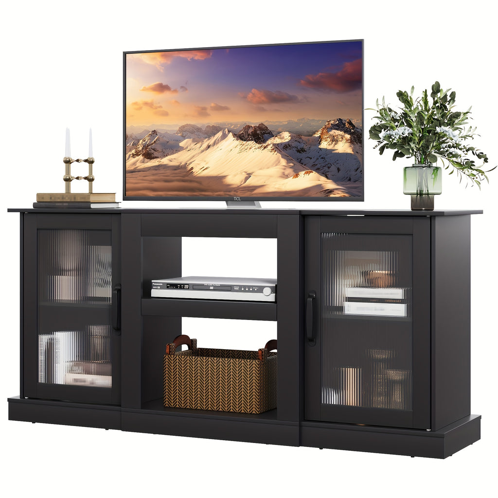 Retro TV Stand with Open Storage Shelves, Black, Rustic Brown or Greige Media Console for Compatible Television Setups in Living Rooms and Bedrooms