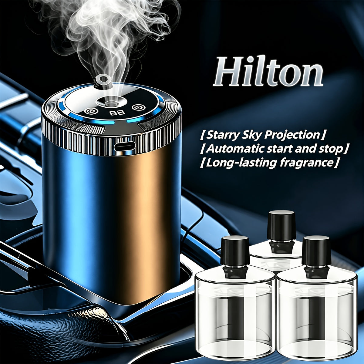 Rechargeable Car Air Freshener Set with Three Fragrance Bottles, Adjustable Smart Diffuser with Automatic Switch and Five Listed Scent Options