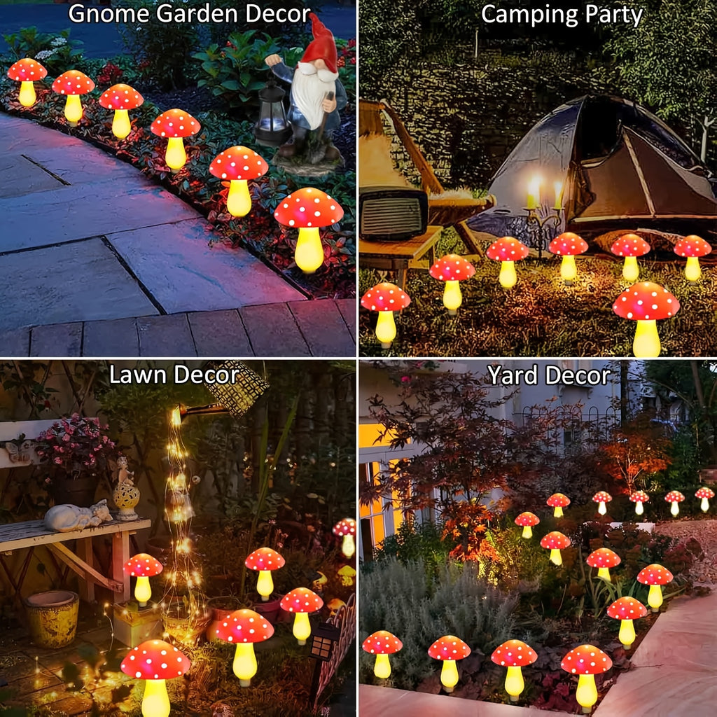 Solar Mushroom Garden Lights, 12-Piece Red Spotted Stake Light Set with Warm White LEDs for Decorative Lawn Borders, Yard Pathways, Patios and Landscape Displays