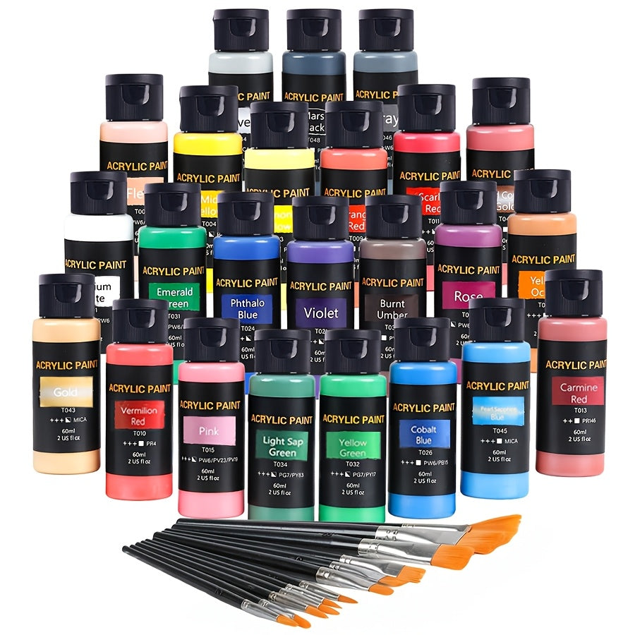 Acrylic Paint Set with 24 Colors and 12 Brushes, Listed 2.03oz Option for Home Art Practice, Seasonal Painting Projects and Creative Holiday Crafts