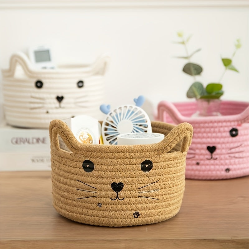 Cat Face Woven Cotton Storage Basket, Single Desktop and Shelf Organizer in Six Color Options for Bedroom, College Dorm and Office Everyday Essentials
