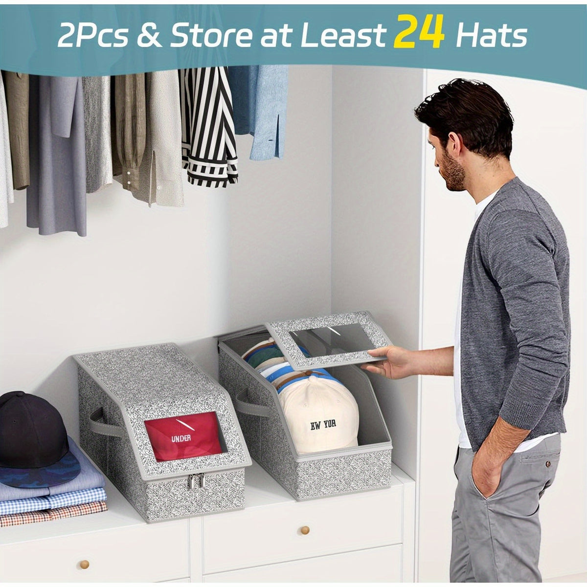 Stackable Baseball Cap Storage Boxes with Clear Viewing Window, Gray Hat Organizers in 2 or 4-Piece Sets for Closet Shelves, Socks and Small Accessories