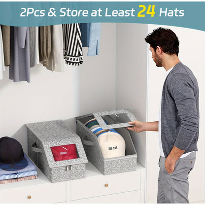 Stackable Baseball Cap Storage Boxes with Clear Viewing Window, Gray Hat Organizers in 2 or 4-Piece Sets for Closet Shelves, Socks and Small Accessories