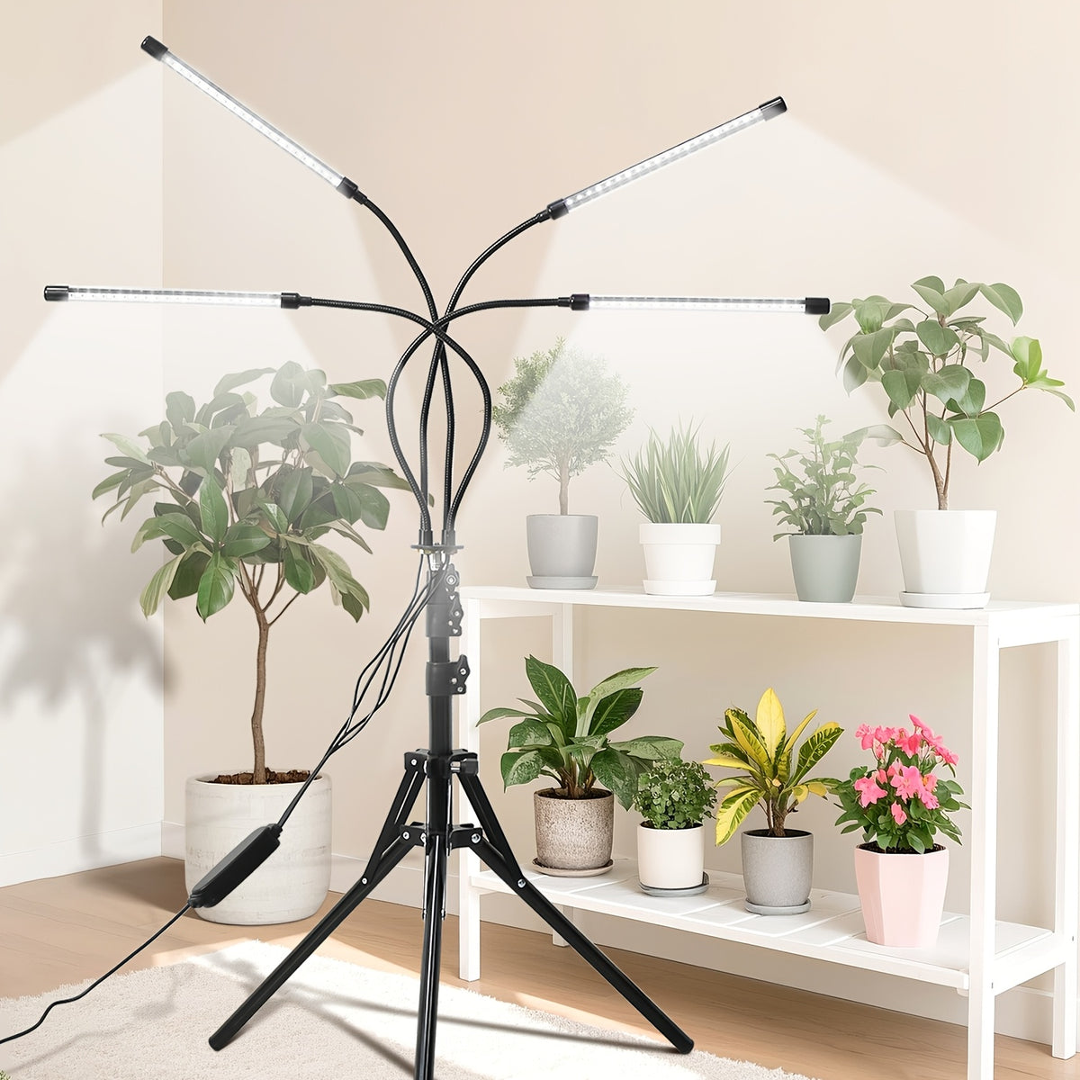 Floor Standing Grow Light for Indoor Plants with Four or Five LED Tubes, Adjustable Brightness and Listed 3, 9 or 12 Hour Timer Settings