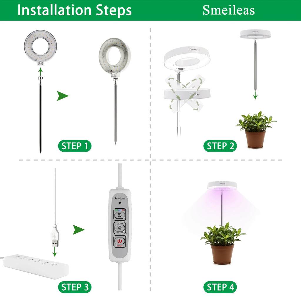 Full Spectrum Grow Light 3-Piece Set by Smeileas, Adjustable Brightness and Height with 3/6/9 Hour Auto On/Off Timer for Indoor Plant Care, White