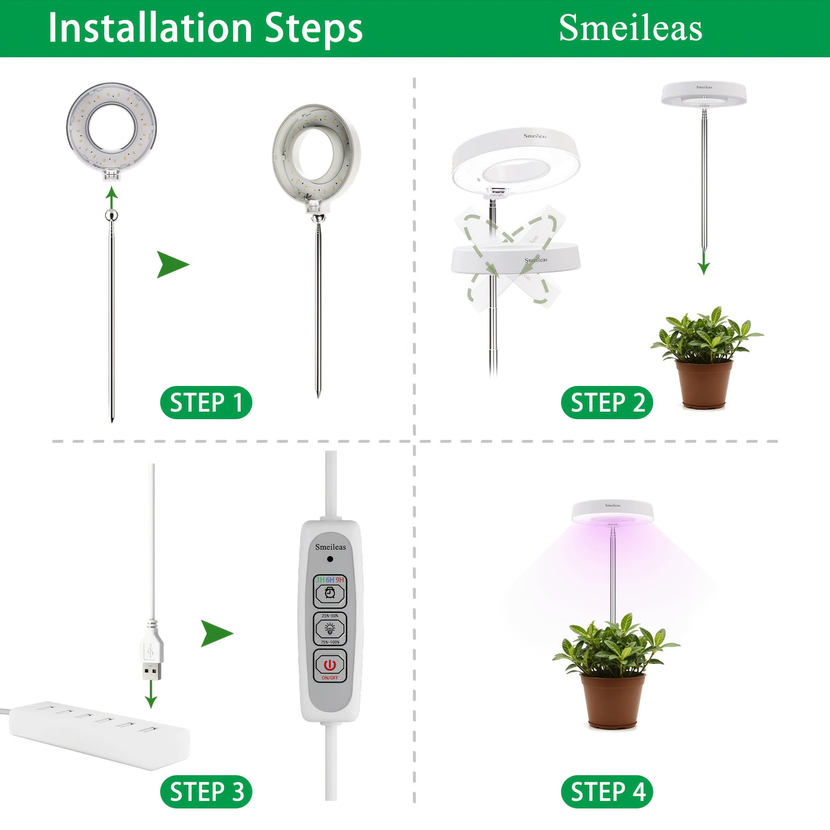 Full Spectrum Grow Light 3-Piece Set by Smeileas, Adjustable Brightness and Height with 3/6/9 Hour Auto On/Off Timer for Indoor Plant Care, White