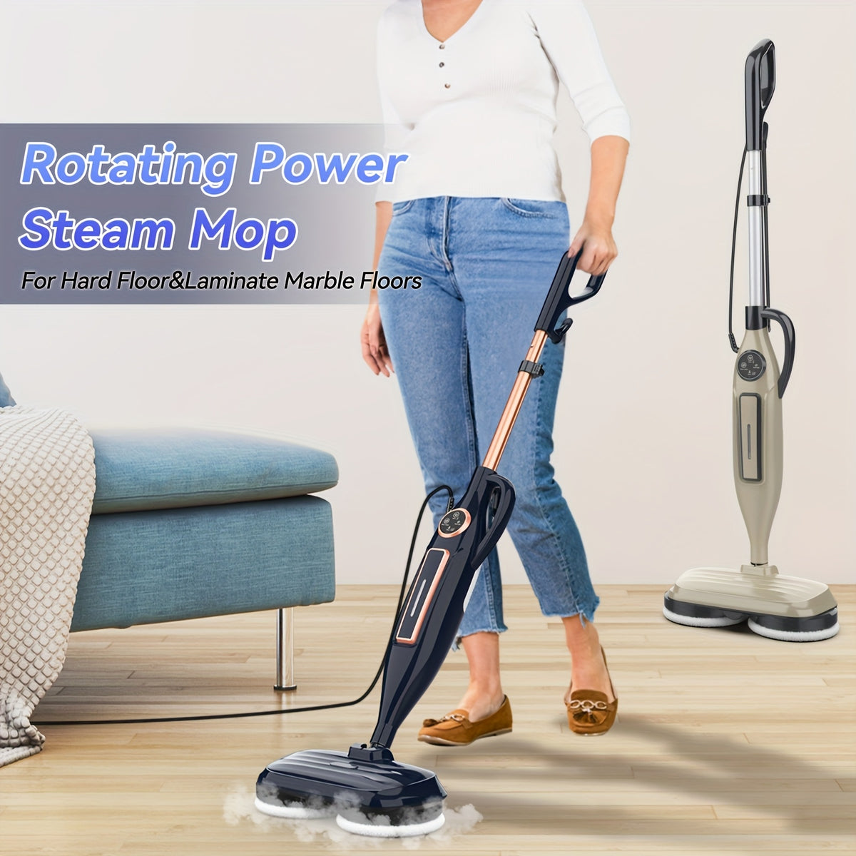 Rotating-Pad Steam Mop VM6 with Three Listed Steam Modes, LED Headlights and Removable Water Tank, Black Gray or Black Golden Floor Cleaning Options