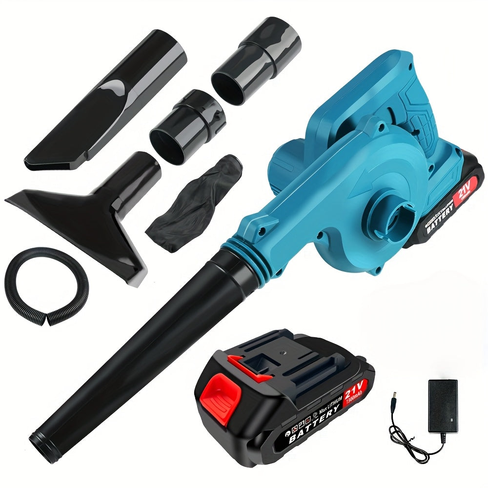 Blue and Orange Cordless Handheld Leaf Blower with Listed 21V Lithium Battery and Extension Tube, One- or Two-Battery Options for Yard and Garden Cleanup