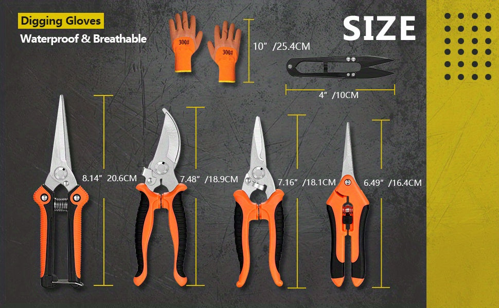 Garden Pruning Shears Set with Listed Stainless Steel Blades and Storage Bag, Five-Piece Tool Wording in Multicolor or Orange and Black for Plant Maintenance