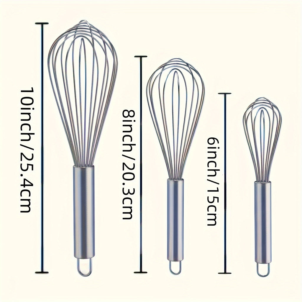 Stainless Steel Whisk Set of Three Manual Mixing Tools for Beating Eggs, Stirring and Blending Ingredients in Everyday Home Cooking and Baking