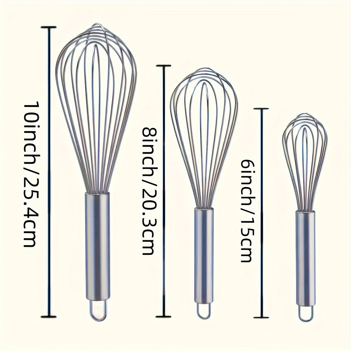 Stainless Steel Whisk Set of Three Manual Mixing Tools for Beating Eggs, Stirring and Blending Ingredients in Everyday Home Cooking and Baking