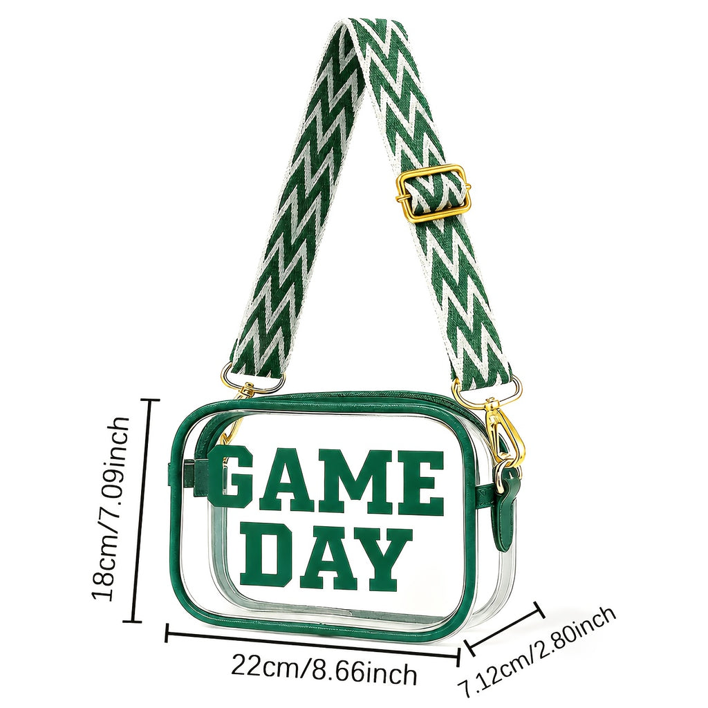 Game Day Clear Purse with Listed Letter Patches and Crossbody Carry Style, Green, Blue, Black, Red or Orange Options for Football Outfits and Concert Plans