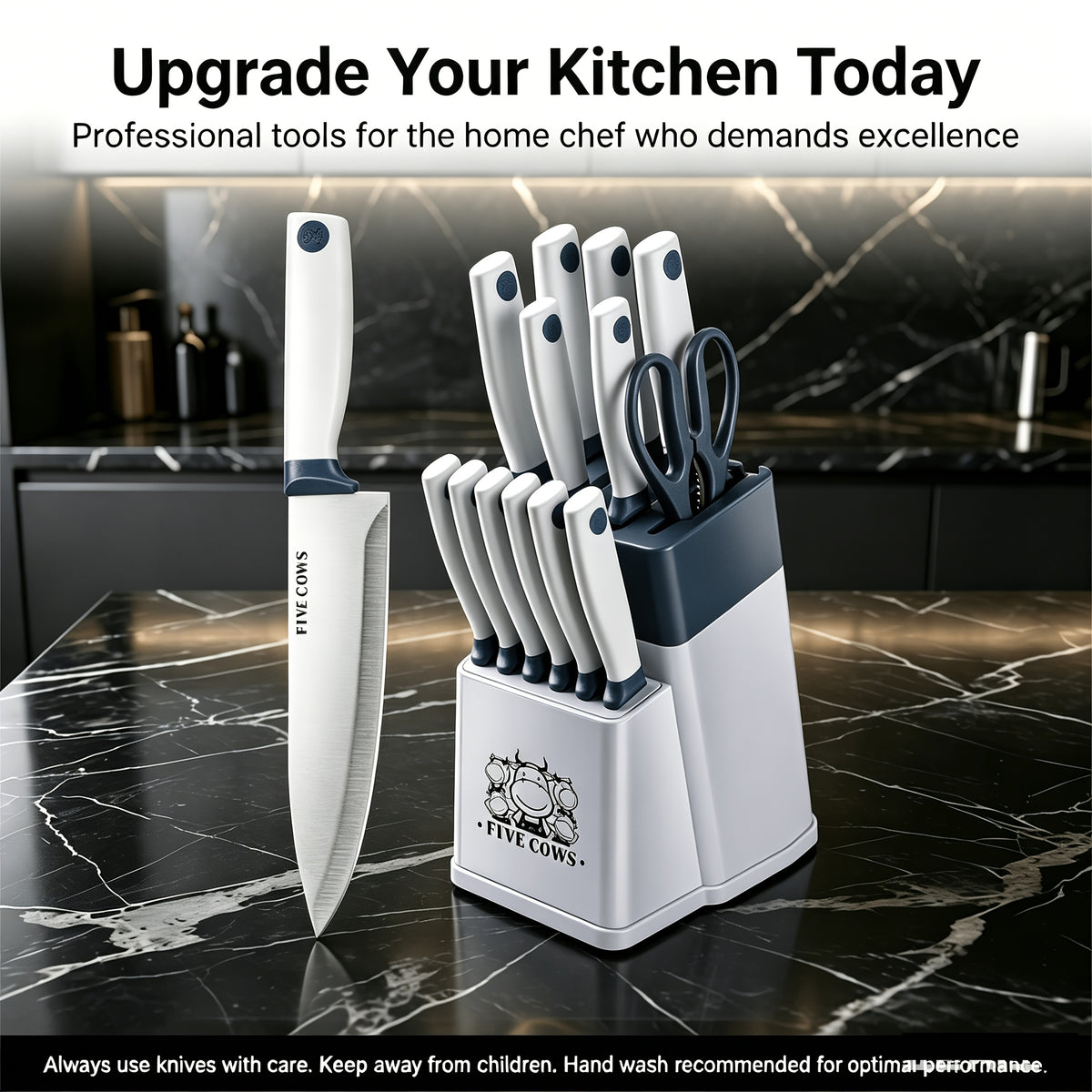 High Carbon Stainless Steel Knife Set with Manual Sharpener and Holder Base, Plastic Handle Kitchen Collection in 14-Piece and 13+1 Color-Labeled Options