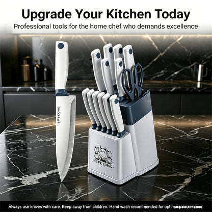 High Carbon Stainless Steel Knife Set with Manual Sharpener and Holder Base, Plastic Handle Kitchen Collection in 14-Piece and 13+1 Color-Labeled Options