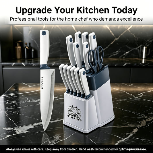 High Carbon Stainless Steel Knife Set with Manual Sharpener and Holder Base, Plastic Handle Kitchen Collection in 14-Piece and 13+1 Color-Labeled Options